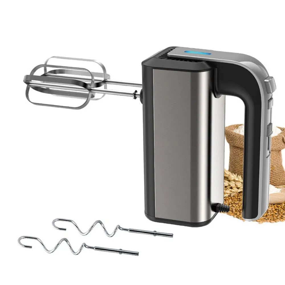 Silver handheld electric whisk with mixing attachments and five speed control dial