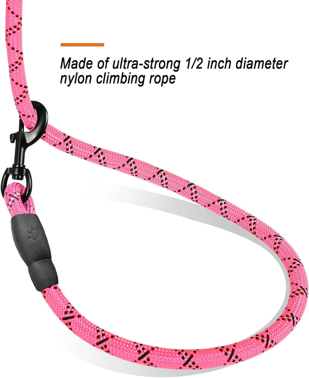Pink 5 ft heavy duty dog leash with 1/2 inch nylon climbing rope, padded handle, reflective threads and metal clip hook