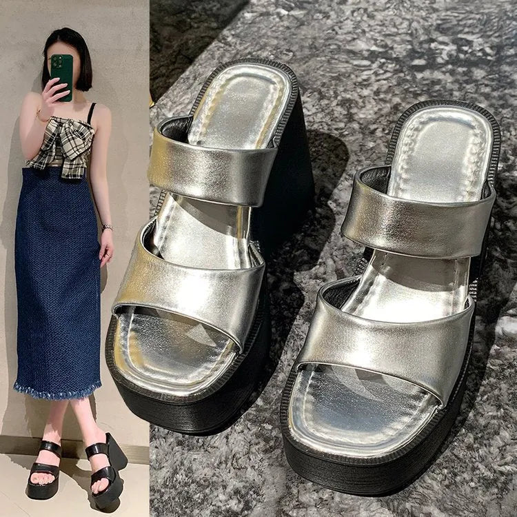 Women's black wedge platform slippers with square toe and 1-inch heel