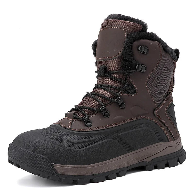 Black plus size men's high-top boots with fleece lining, flat heel, and front lace-up design on a ribbed TPR sole.