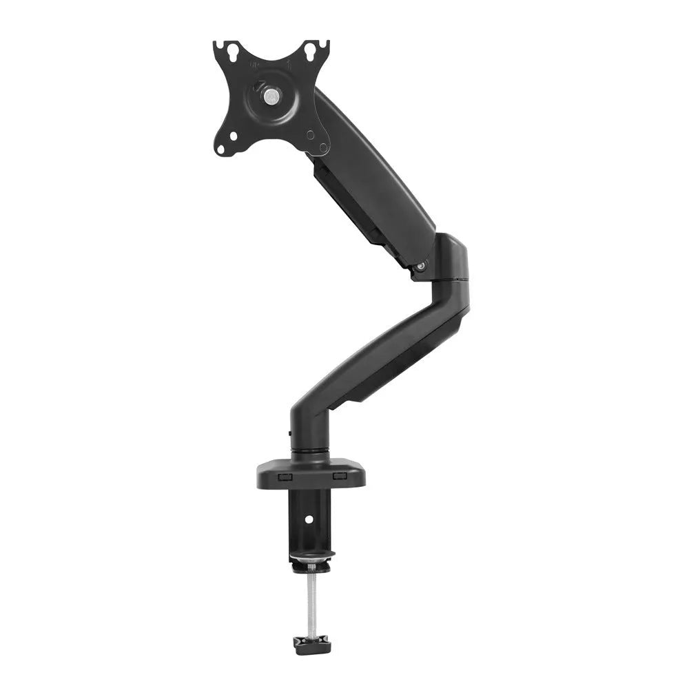 Black rotating telescopic monitor bracket on table with screen adjustment demonstration