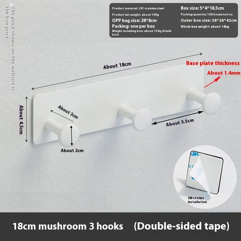 Screwless iron wall hook with adhesive tape for shower doors, shown in multiple sizes.