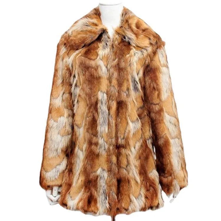 Women's faux fur leather jacket with a bold tiger pattern, long sleeves, and a medium length fit.