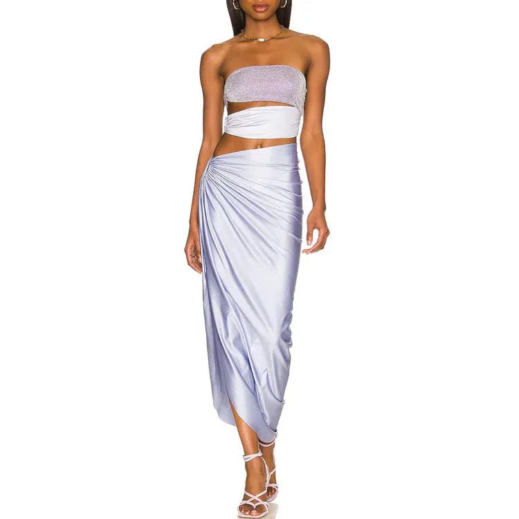 Purple one-piece swimsuit with matching wrap skirt made from quick-drying polyester fabric