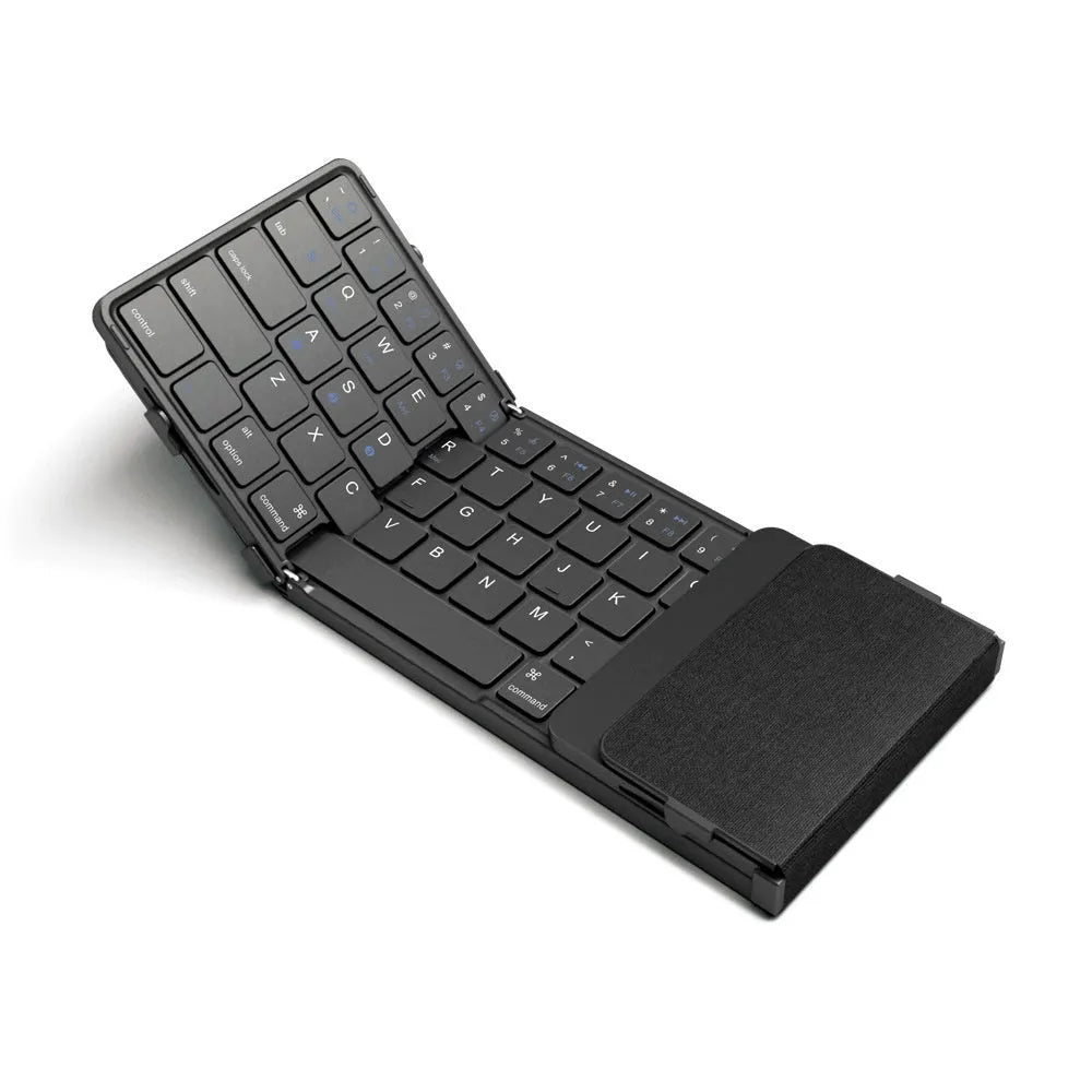 Black folding Bluetooth keyboard with either touchpad or digital board accessory for mobile phones and tablets