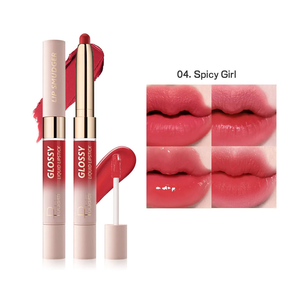 Double-headed lipstick and lip gloss product showing matte colour and gloss components