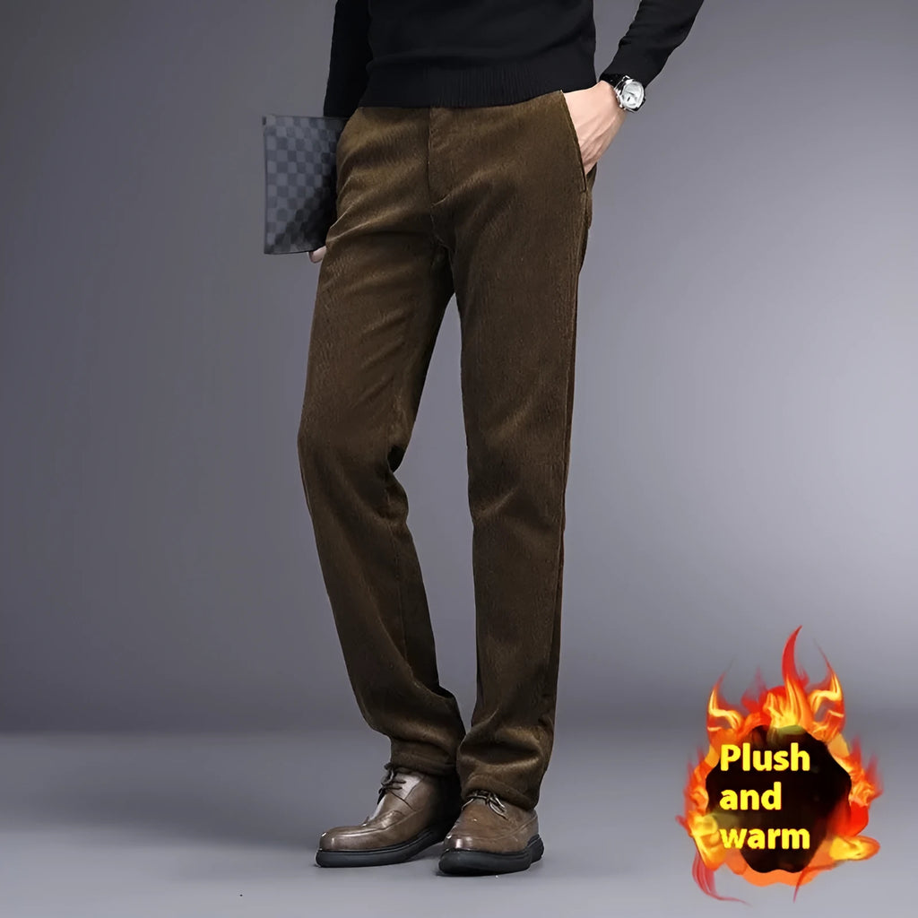 British retro striped straight-leg men's trousers in khaki colour on a hanger.