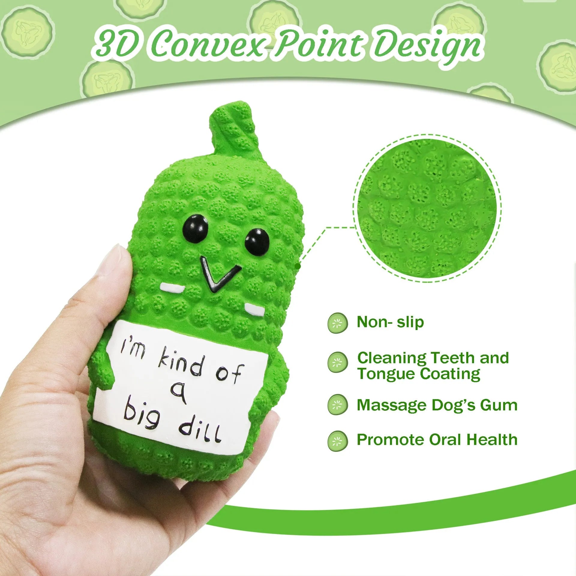 Green pickle-shaped squeaky dog toy with textured nubs for teeth cleaning