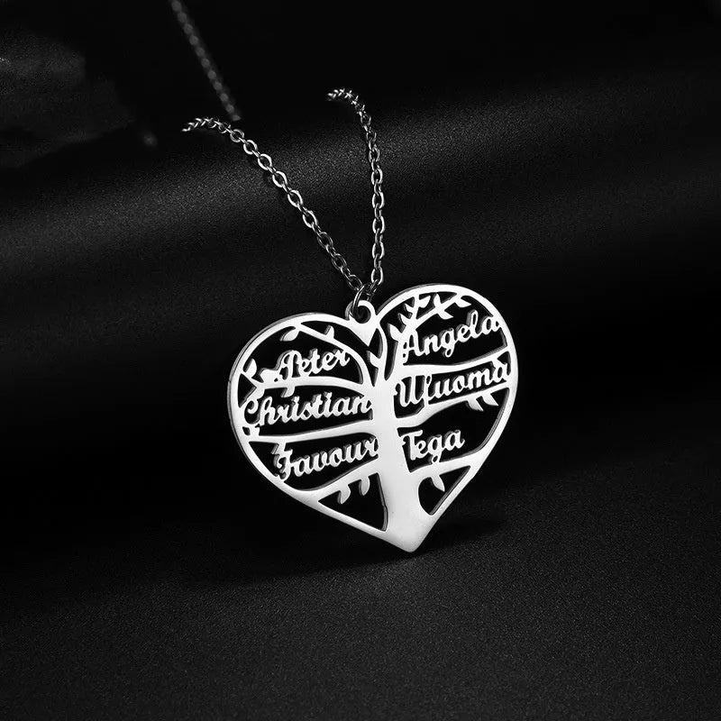 Custom engraved life tree and heart pendant necklace with 1-6 names in stainless steel.