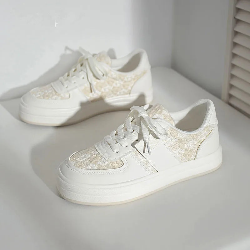Beige plaid platform sports shoes with front lace-up and round toe.