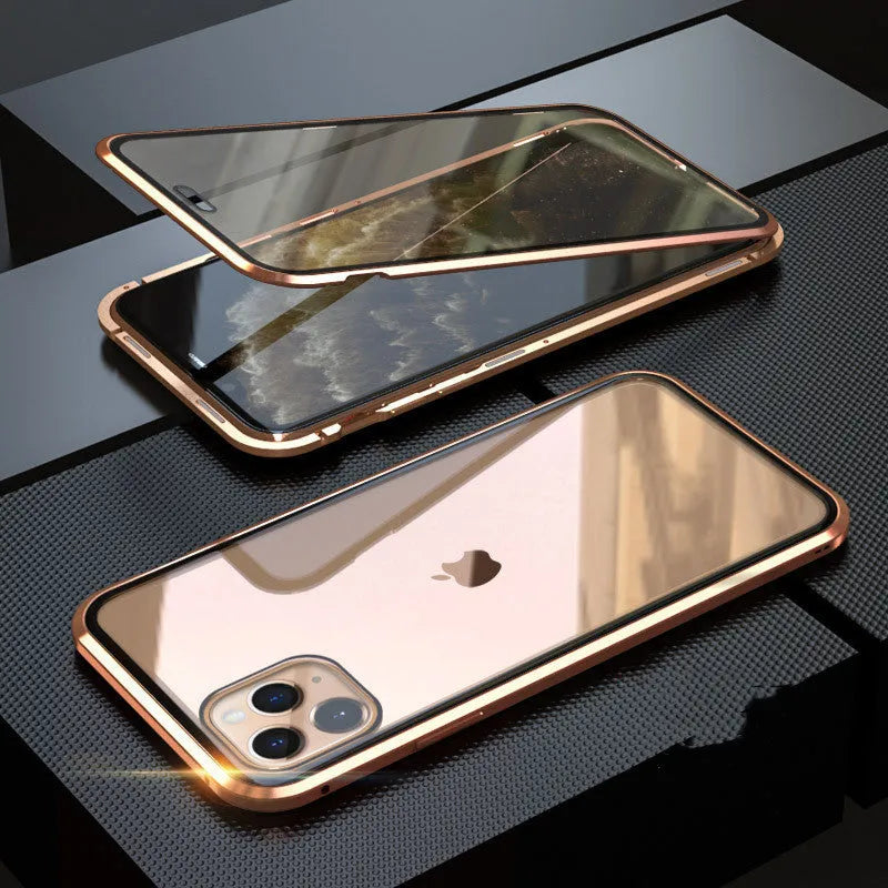 Black glass clamshell anti-spy phone case with a geometric pattern for iPhone.