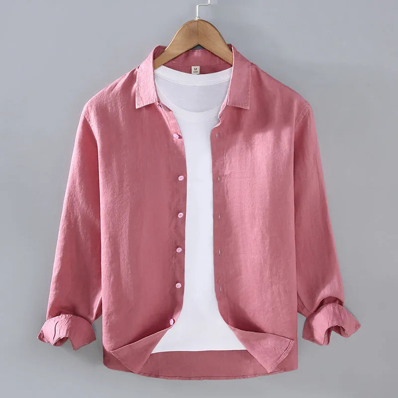 Men's pure linen long sleeve shirt in cardigan style showing solid colour options