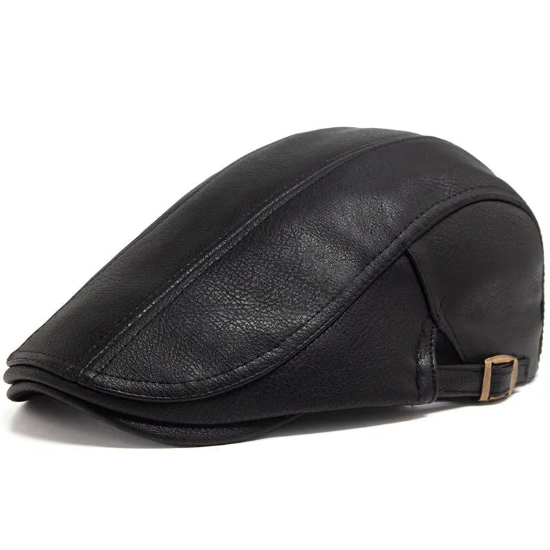 Thick PU artificial leather peaked cap with flat top crown, adjustable size, shown in black, dark gray, camel and brown for autumn and winter.