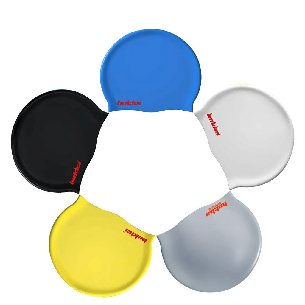 Silicone swimming cap with letter pattern in one of five colours: black, white, yellow, blue, or grey.