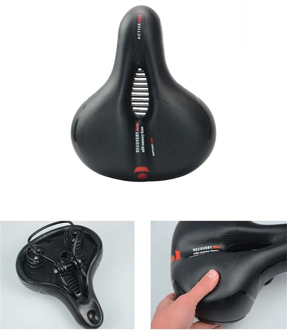 Bicycle saddle with black PU leather, showing spring suspension underside and included wrench and tyre patch.
