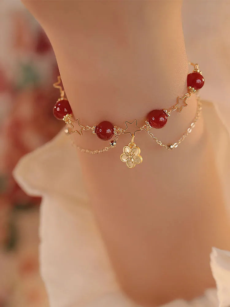 Red agate double layer women's bracelet with peach blossom charm jewellery