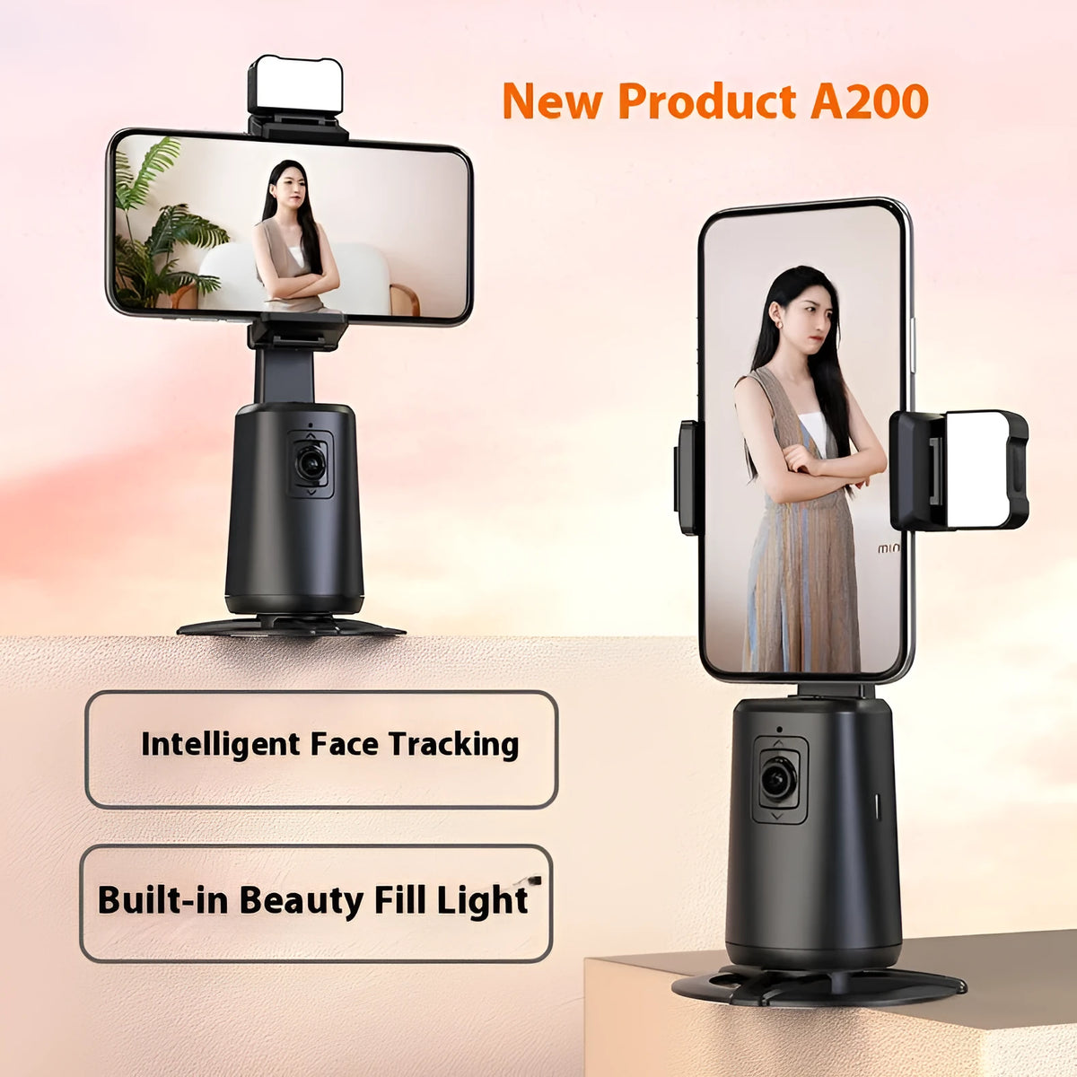 Black desktop mobile phone holder with ribbon lights and remote control for face tracking.