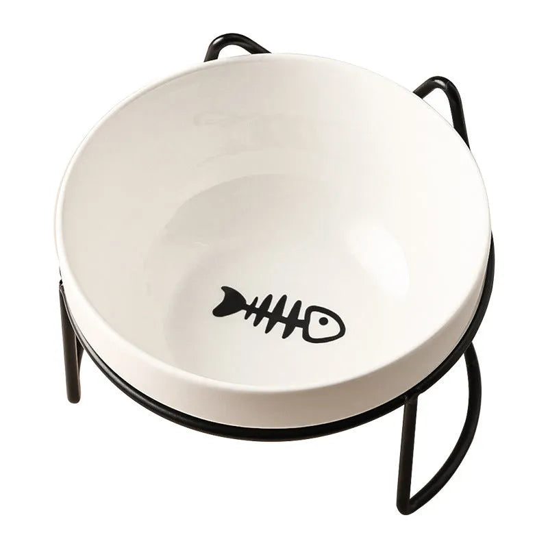 Ceramic pet bowl with iron frame featuring cat footprints pattern