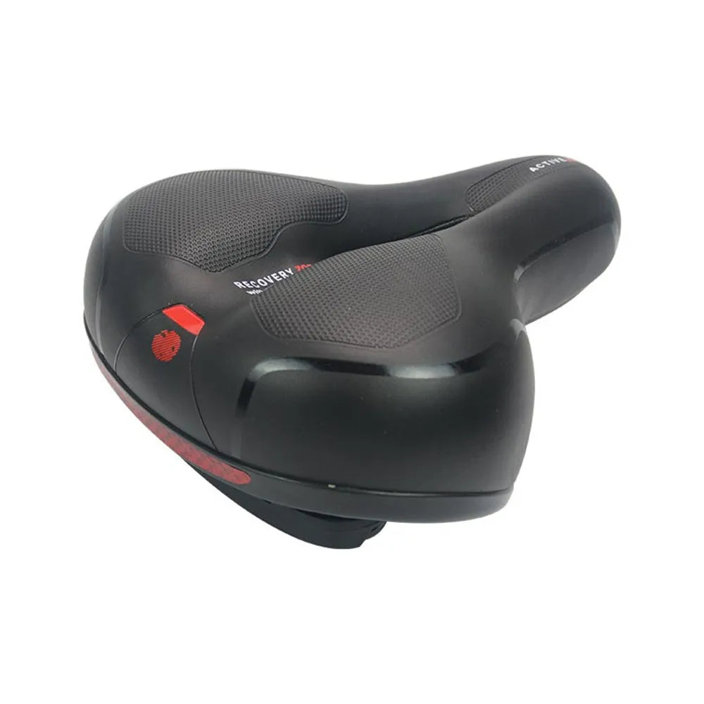 Bicycle saddle with black PU leather, showing spring suspension underside and included wrench and tyre patch.