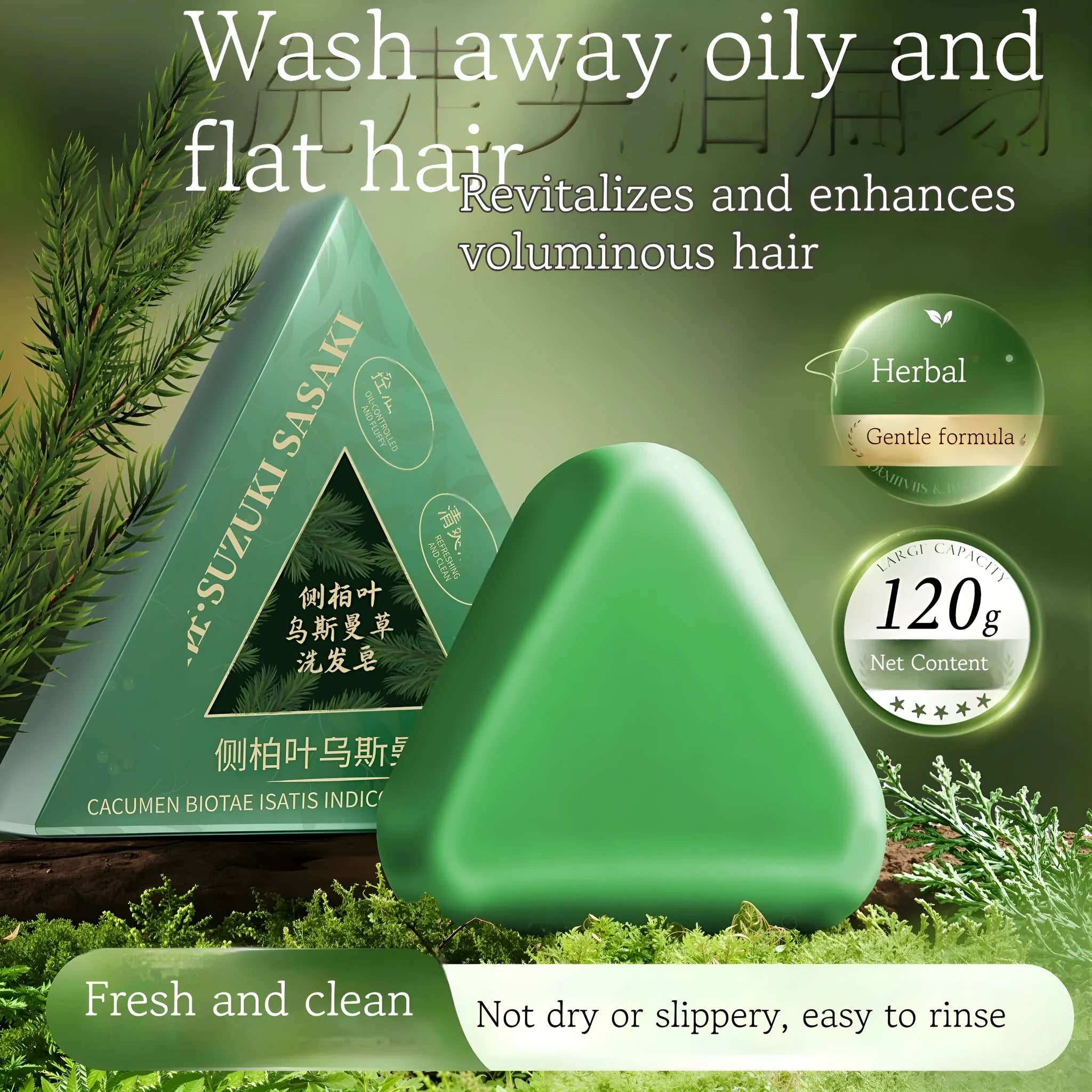 A single 120g bar of handmade Chinese Arborvitae Twig and Polygonum Multiflorum shampoo soap on a plain background.
