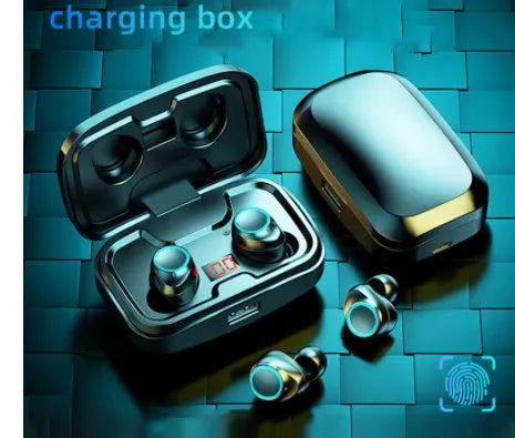 Black Bluetooth earplug headphones with charging case and protective covers