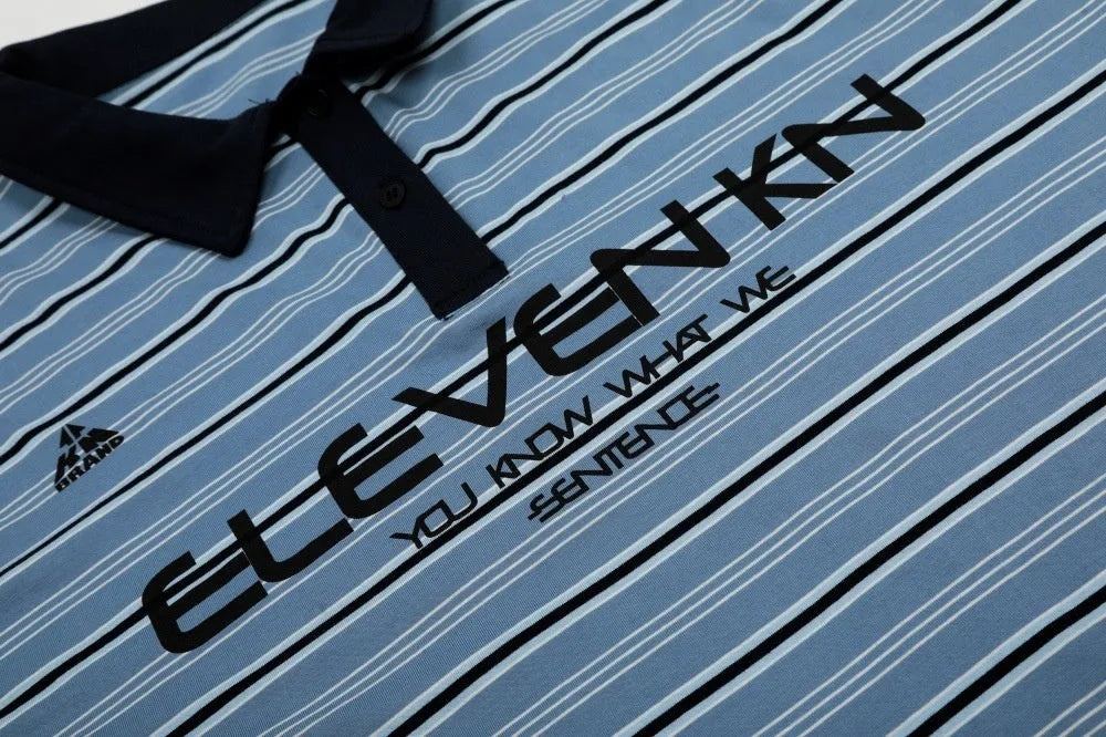 Blue stripe loose-fit cotton short-sleeved polo shirt on a hanger