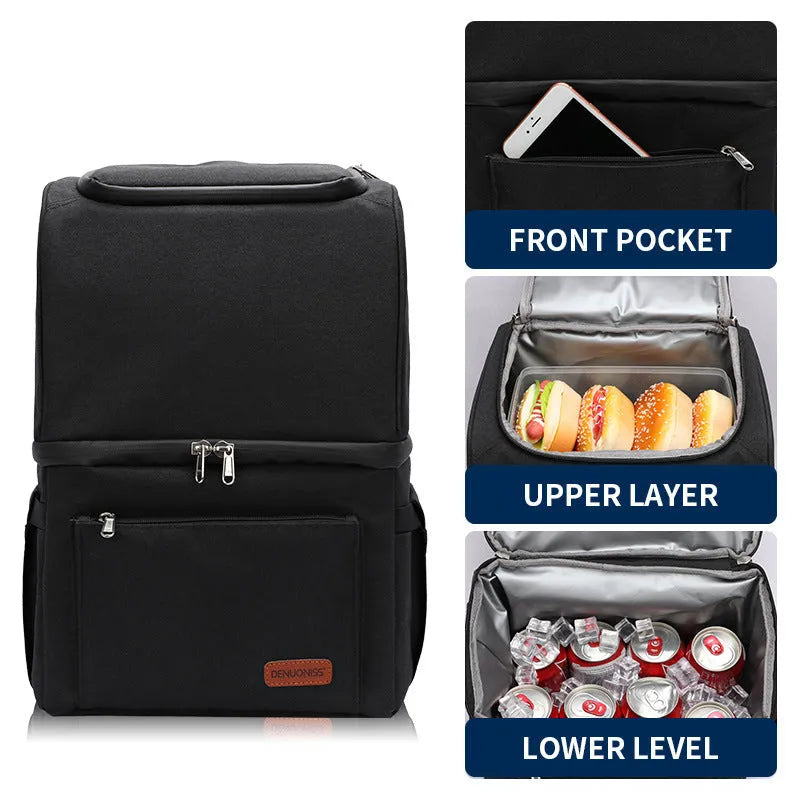 Insulated picnic backpack in blue with double-layer construction and ice pack compartment