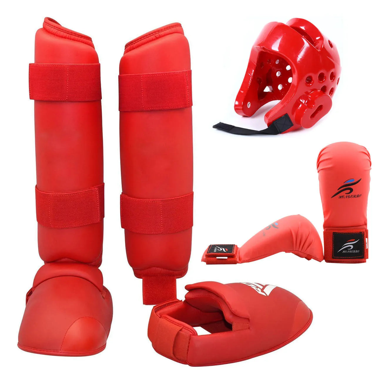 Karate and taekwondo protective gear set with red leg guards, helmet, and boxing gloves
