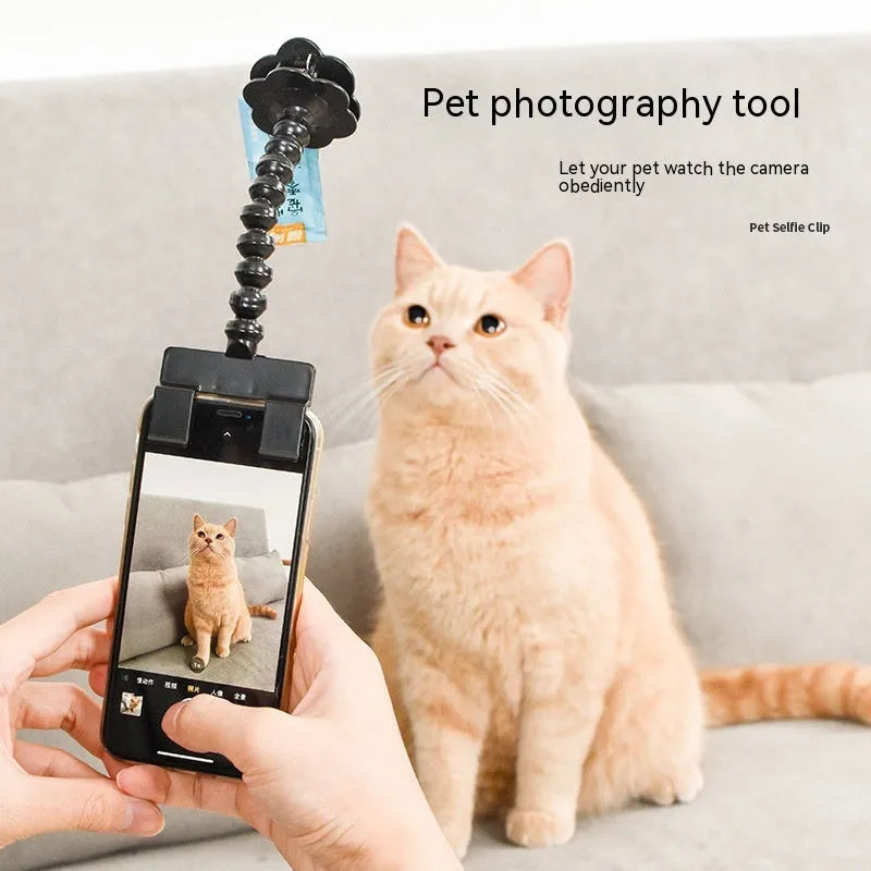Black pet photography phone holder with treat clip for dog and cat photography sessions