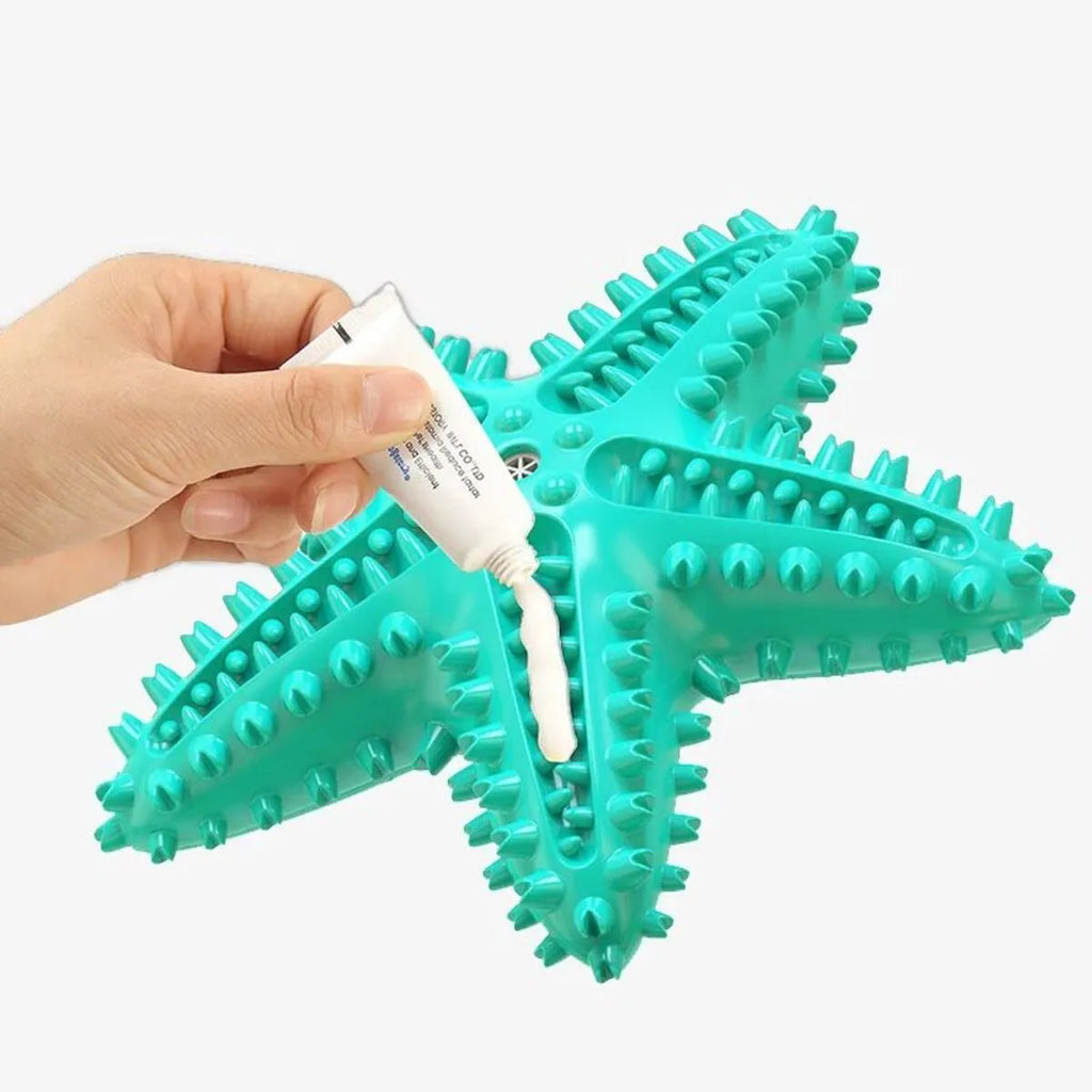 Blue, green, or yellow starfish-shaped edible TPR dog toy for large dogs with squeaky dental chew design