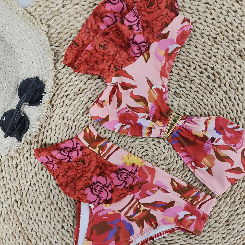 Women's pink floral print high-waisted one-shoulder swimsuit bikini set