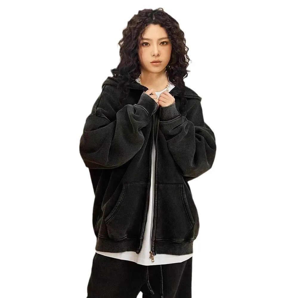 Men's vintage washed cotton hooded cardigan with fleece lining and a double zipper front.
