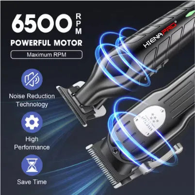 Black professional hair clipper set with aluminium foil shaver, showing LCD display and USB charging port.