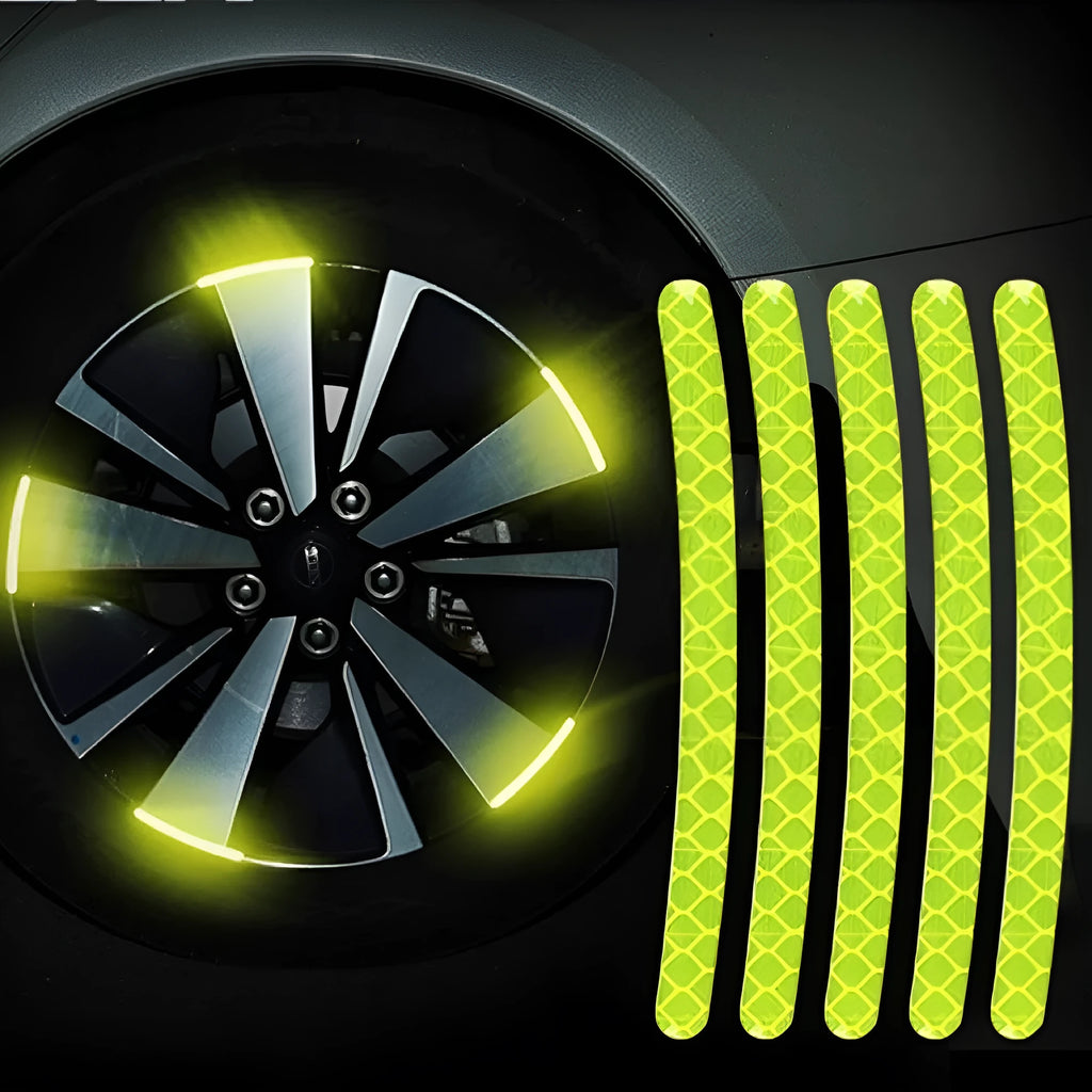 Pack of 20 arc-shaped reflective PVC stickers for car wheel hubs in various fluorescent and metallic colours