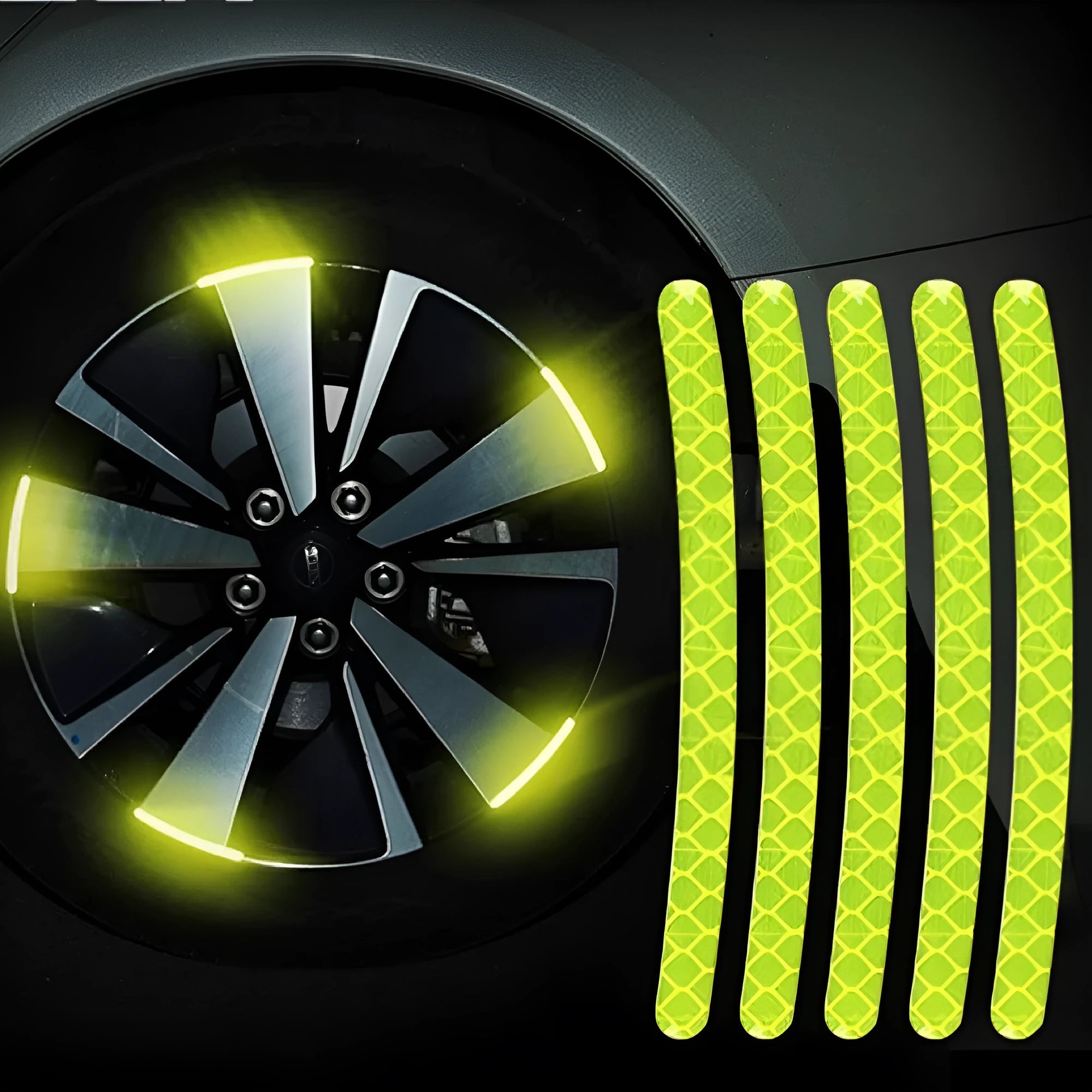 Pack of 20 arc-shaped reflective PVC stickers for car wheel hubs in various fluorescent and metallic colours