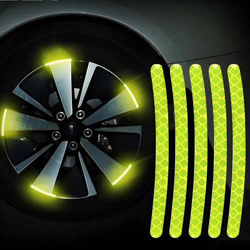 Pack of 20 arc-shaped reflective PVC stickers for car wheel hubs in various fluorescent and metallic colours
