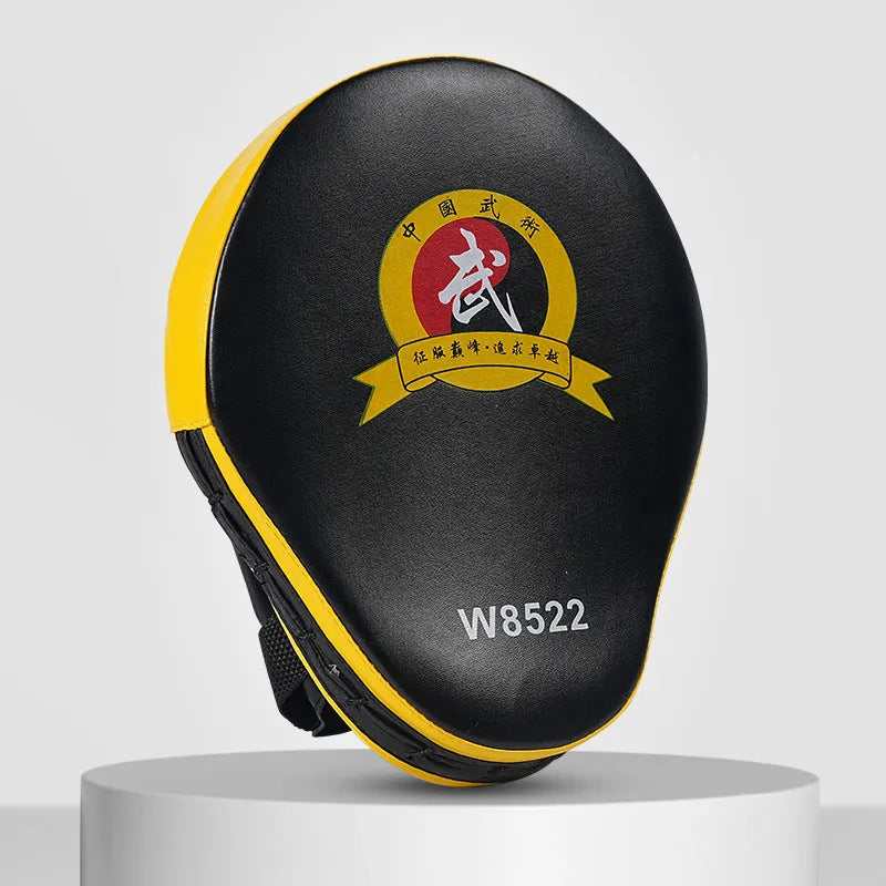 Boxing punch mitts set showing curved and flat hand target styles in red, black, blue, and yellow colour combinations.
