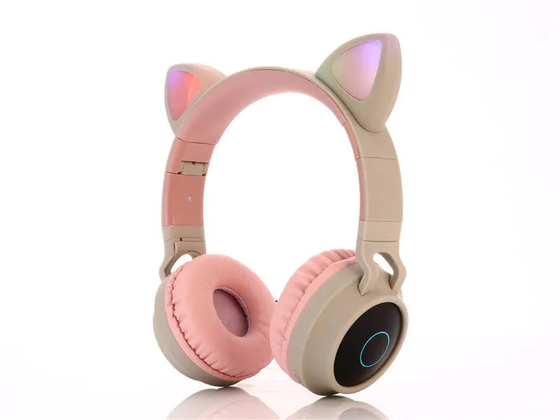 Cartoon cat ear wireless Bluetooth gaming headset in pink, light blue, purple, skin tone or green colours