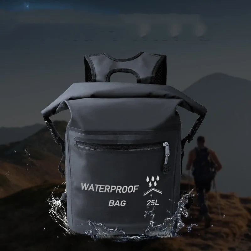 Black 25L waterproof backpack for outdoor water activities