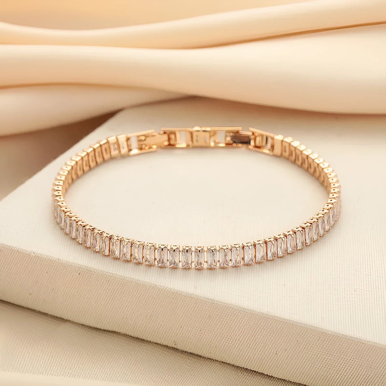Rectangular brass women's bracelet with full diamond zircon design in champagne gold colour