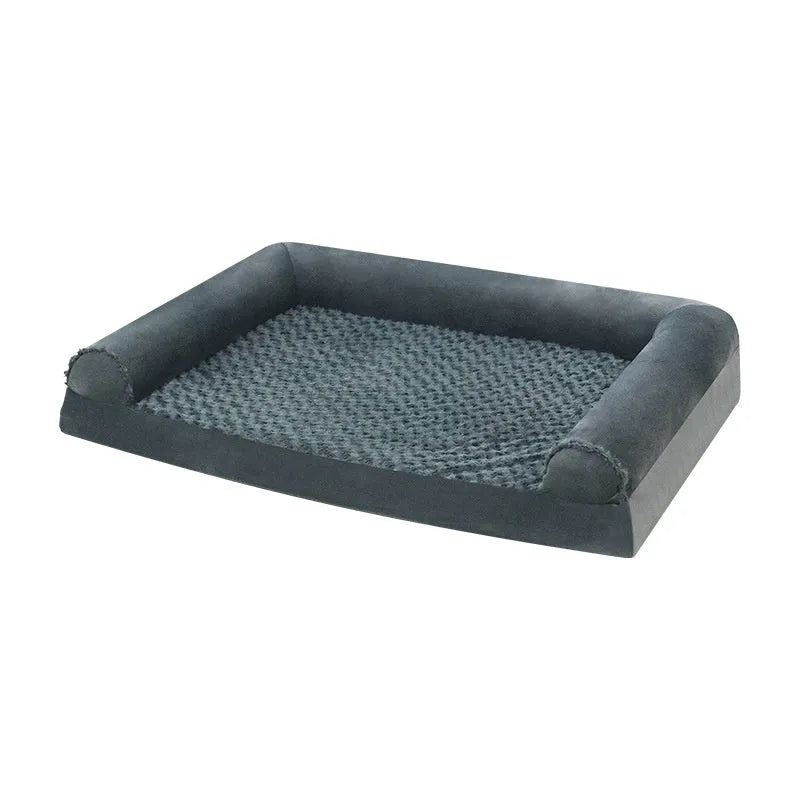 Light grey cloth dog kennel bed for large dogs, showing sheltered sides and padded interior.