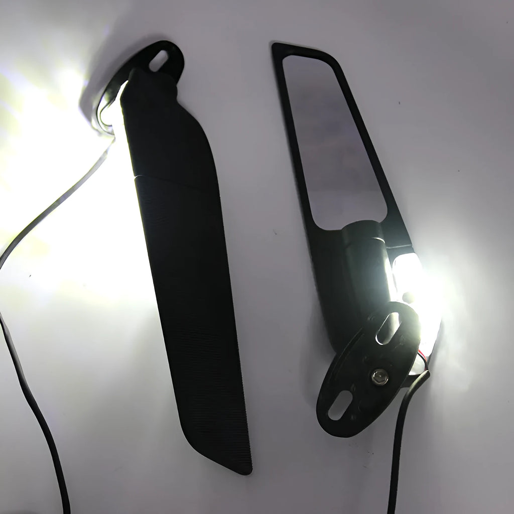 Motorcycle rearview mirror spoiler with integrated yellow light, aluminium alloy construction, convex white glass lens