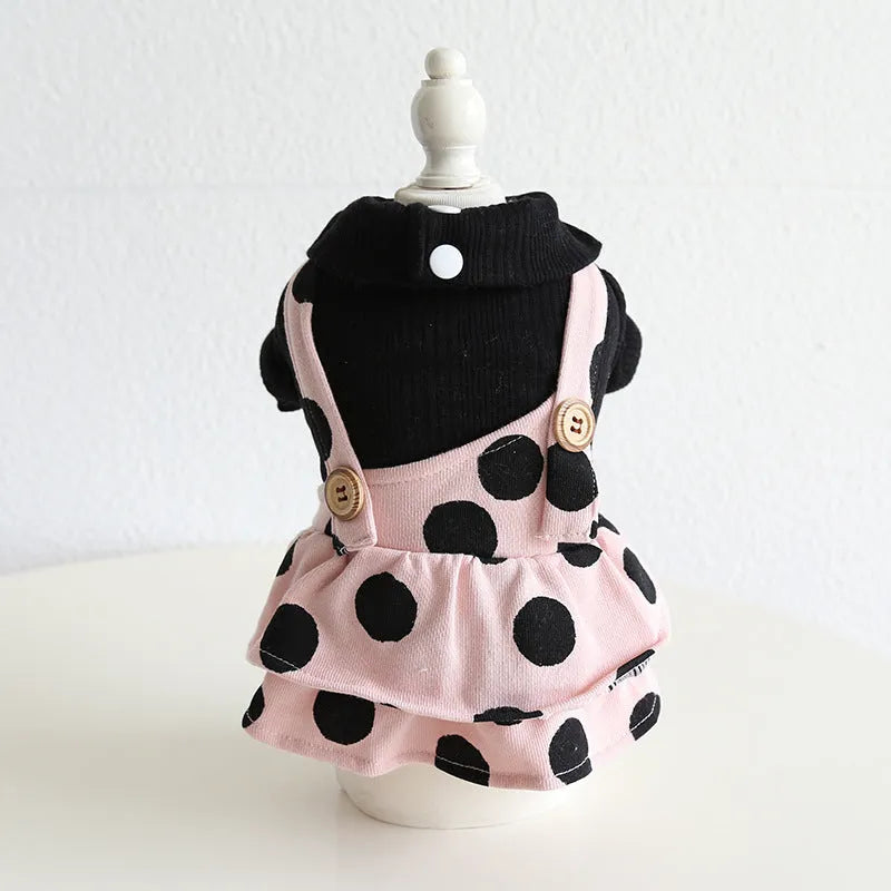 Adjustable shoulder strap dog clothing in cloth fabric with pant and skirt style options