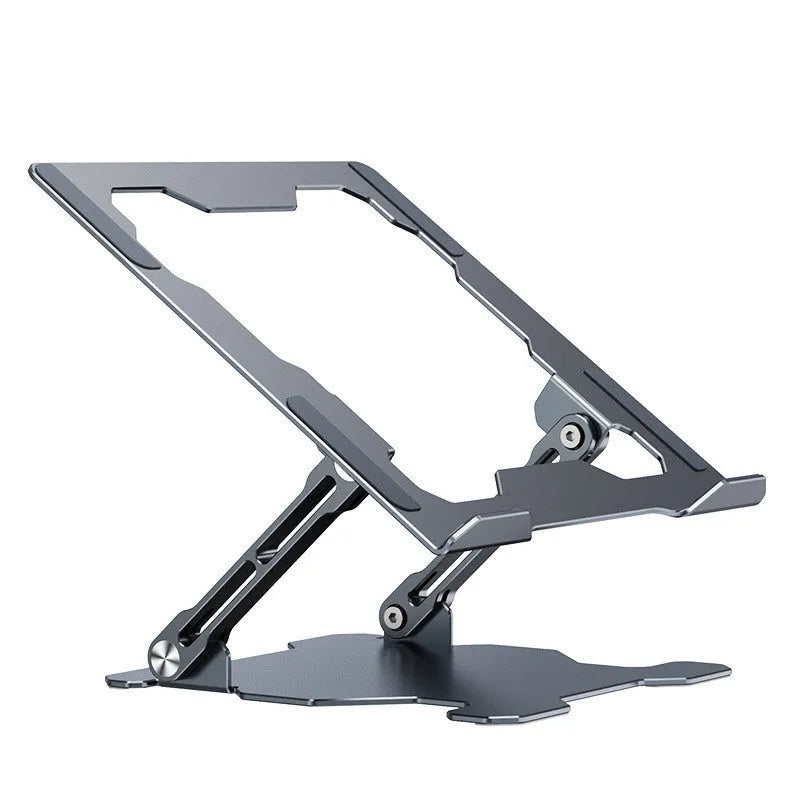 Aluminium adjustable laptop stand in folded and unfolded positions showing grey colour option