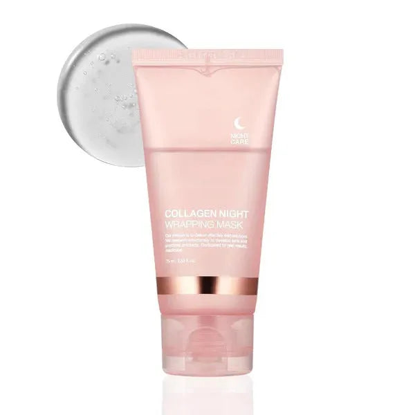 Collagen night face mask in 75ml bottle with application brush for firming and hydration