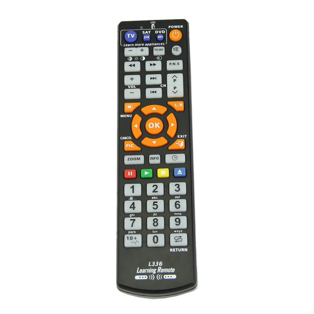 L336 black learning remote control with button layout and 8-metre transmission range