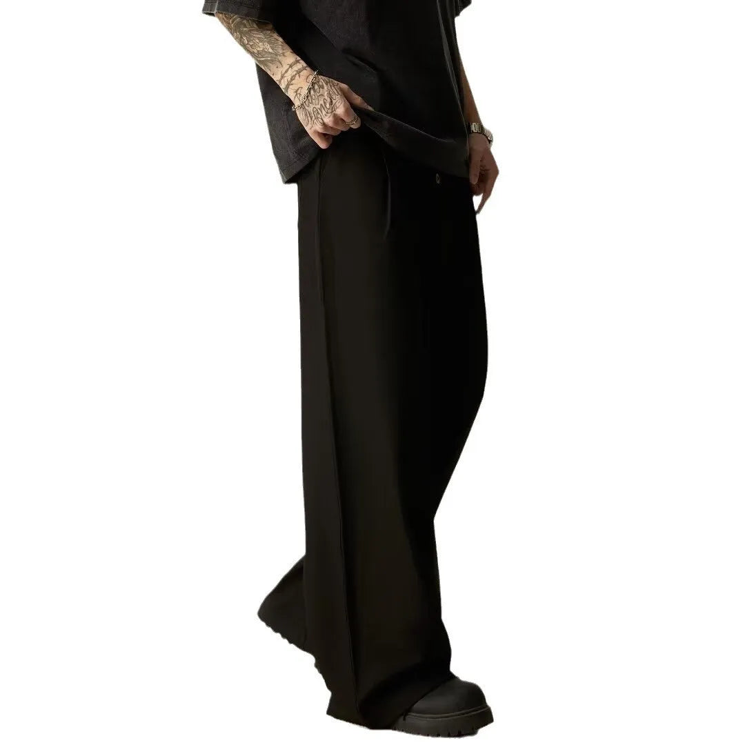 Men's straight leg casual trousers in black or brown with micro elasticity waist and cardigan button closure