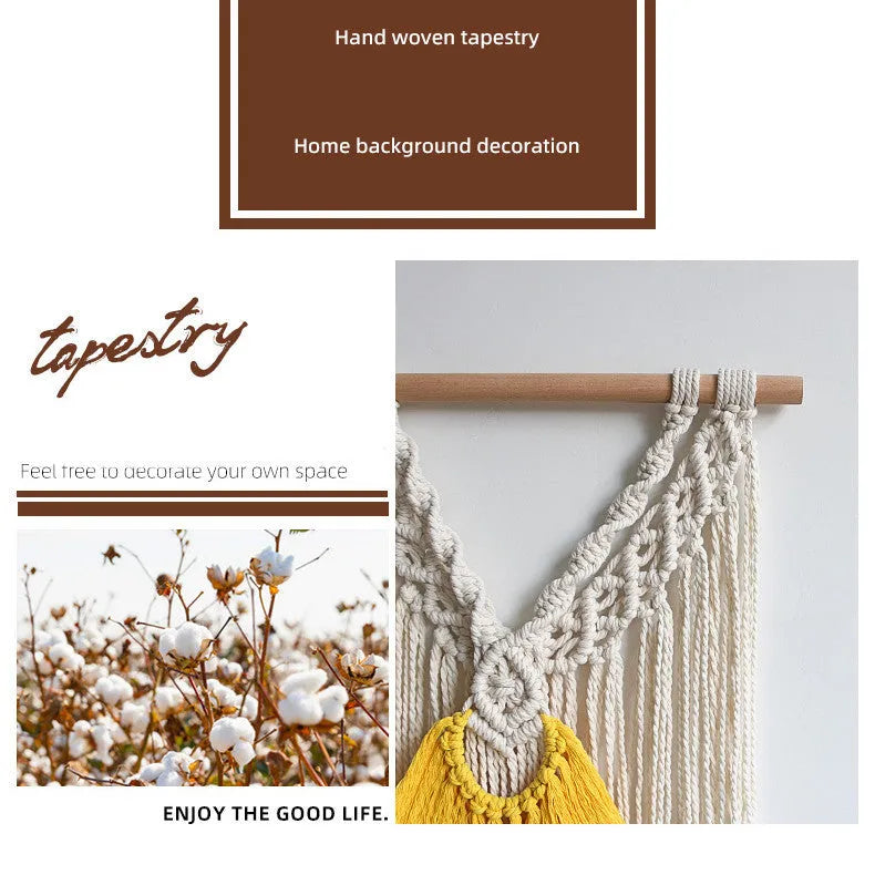 Creamy white hand-woven cotton Nordic tapestry hanging on a wall, 120cm wide by 95cm high.