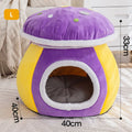Purple mushroom-shaped cat bed with detachable top blanket on grey carpet