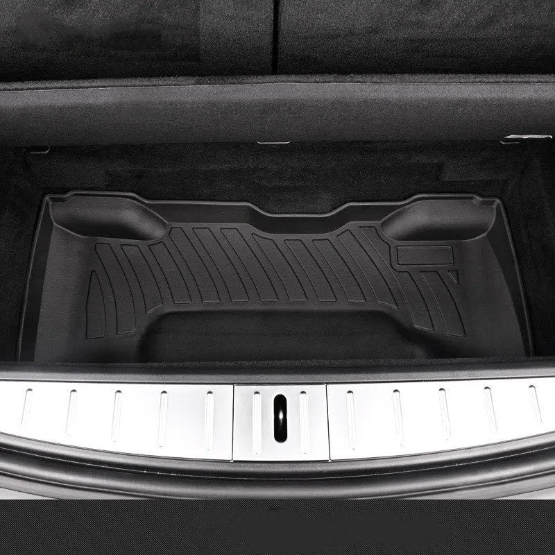 Custom fit rubber and TPE floor mats for Tesla Model 3 Model Y Model S Model X 2023 showing trunk and footwell coverage